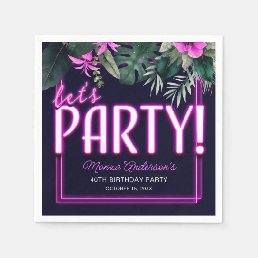 Laten we Roze Neon Tropische Verjaardag feesten Servet (Voorkant)