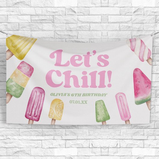 Laten we roze Retro Popsicle verjaardagsfeestje ko Spandoek