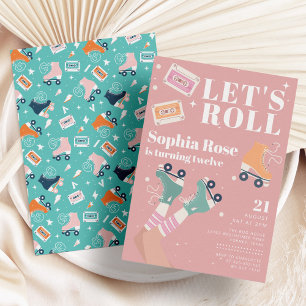 Laten we Roze Roller Schaatsen Verjaardagsfeest Kaart