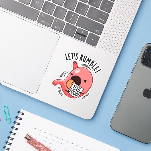Laten we Rumble Funny Maag Pun Sticker (Laptop met iPhone)