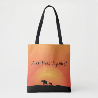 "Laten we samen lopen" Sunset Elephant Designer Tote Bag