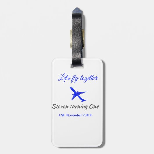Laten we samen vliegen eerste verjaardag vliegtuig bagagelabel (Achterkant verticaal)