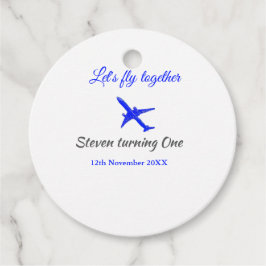 Laten we samen vliegen eerste verjaardag vliegtuig bedankjes labels