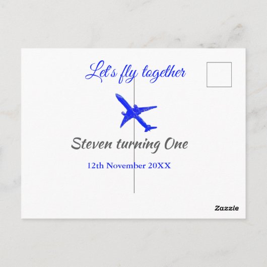 Laten we samen vliegen eerste verjaardag vliegtuig briefkaart (Achterkant)