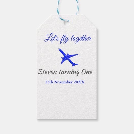 Laten we samen vliegen eerste verjaardag vliegtuig cadeaulabel (Voorkant)