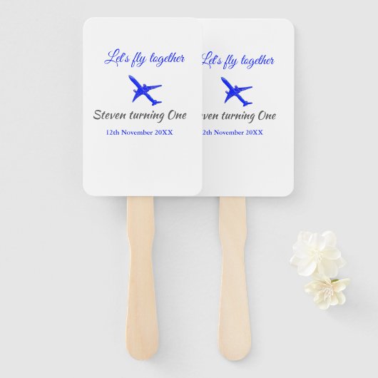 Laten we samen vliegen eerste verjaardag vliegtuig handwaaier (Voorkant en achterkant)