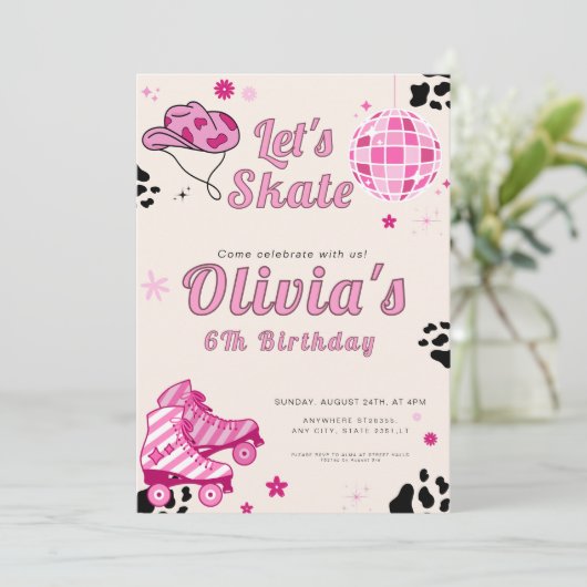 Laten we schaats meisjes roze cowgirl verjaardag kaart (Staand voorkant)