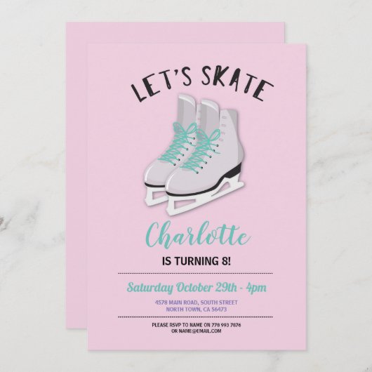 Laten we Schaatsen meisjes roze ijsschaatsenfeest Kaart (Voorkant / Achterkant)