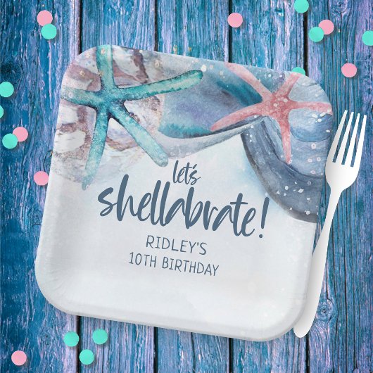 Laten we schellabreren zeesterschelpen strand verj papieren bordje