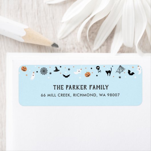 Laten we spooky Halloween verjaardagsfeestje blauw Etiket (Insitu)