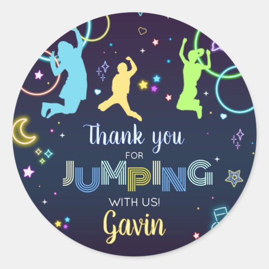 Laten we springen en gloed trampoline verjaardagsf ronde sticker (Voorkant)