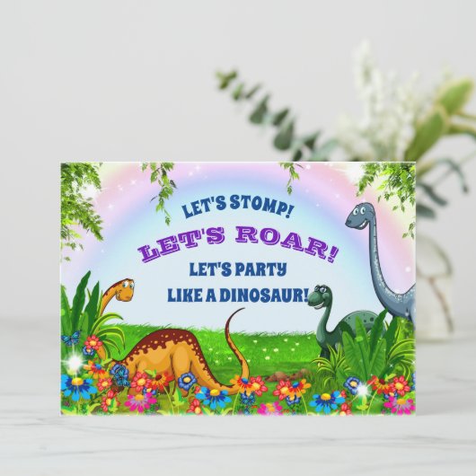 Laten we Stomp en Roar Dinosaur Birthday Party Kaart (Staand voorkant)