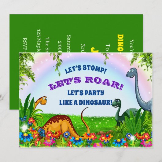 Laten we Stomp en Roar Dinosaur Birthday Party Kaart (Voorkant / Achterkant)