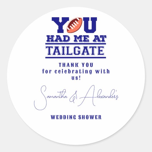 Laten we Tailgate vieren Blauwe Bruidspaar Bruilof Ronde Sticker (Voorkant)