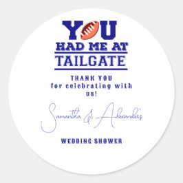 Laten we Tailgate vieren Blauwe Bruidspaar Bruilof Ronde Sticker