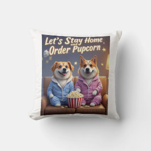 Laten we thuis blijven en Pupcorn Cartoon-honden b Kussen