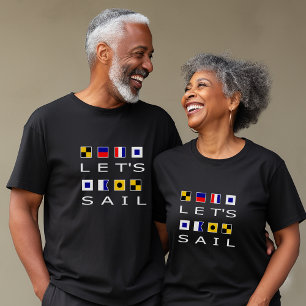 Laten we varen kleurrijke nautische vlaggen donker t-shirt