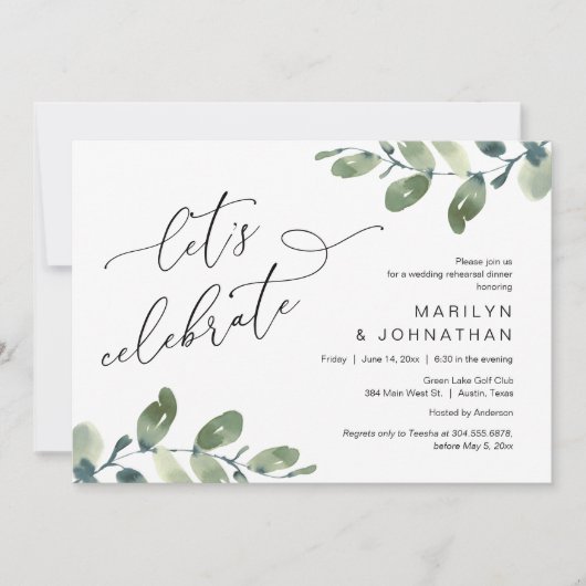 Laten we vieren, bruiloft repetitie diner dansen kaart (Voorkant)