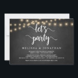 Laten we vieren dat Rustic Wedding Elopement Party Kaart<br><div class="desc">Laten we feest vieren,  Wedding Elopement Aankondiging / Uitnodigingskaart,  in Rustic boerderij krijtbord,  String Lights ontwerp. Dit is perfect voor je trouwreceptie en feest na de bruiloft. Voeg je gegevens toe in het overeenkomende lettertype/lettertype. #TeeshaDerrick</div>