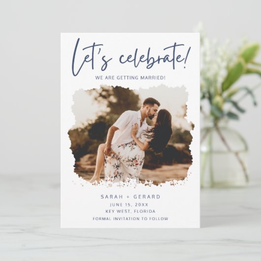 Laten we vieren foto bruiloft opslaan van de datum save the date (Staand voorkant)