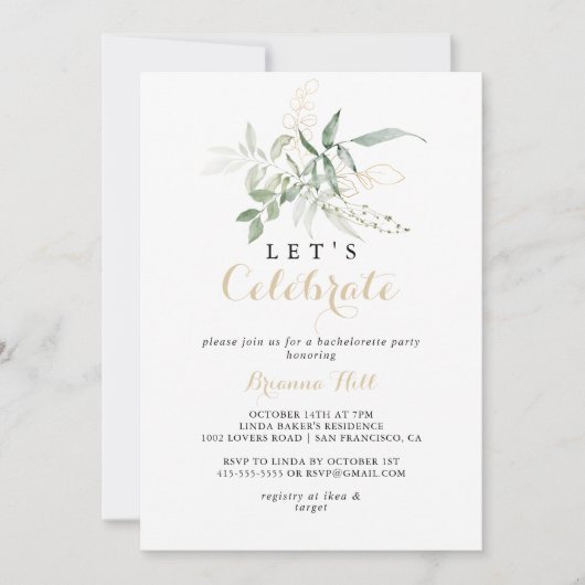 Laten we vieren goud groen gebladerte feest kaart (Voorkant)