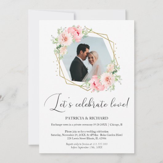 Laten we vieren Liefde Eloped bruiloft receptie Kaart (Voorkant)