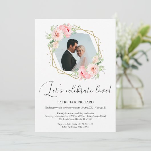 Laten we vieren Liefde Eloped bruiloft receptie Kaart (Staand voorkant)