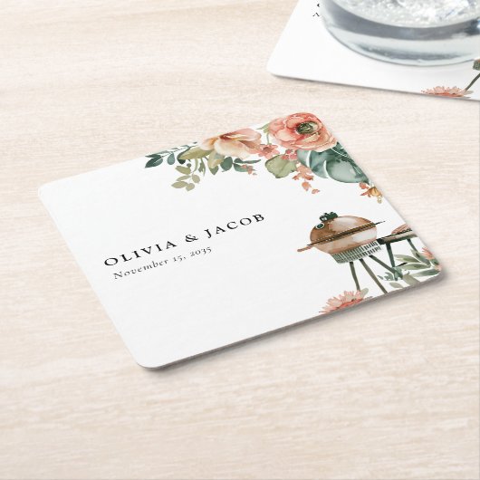 Laten we vieren met BBQ Couples Douche Kartonnen Onderzetters (Schuin)