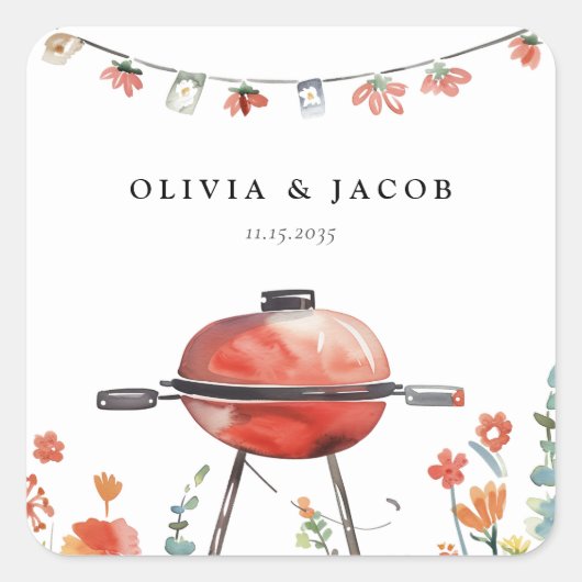 Laten we vieren met BBQ Couples Douche Vierkante Sticker (Voorkant)
