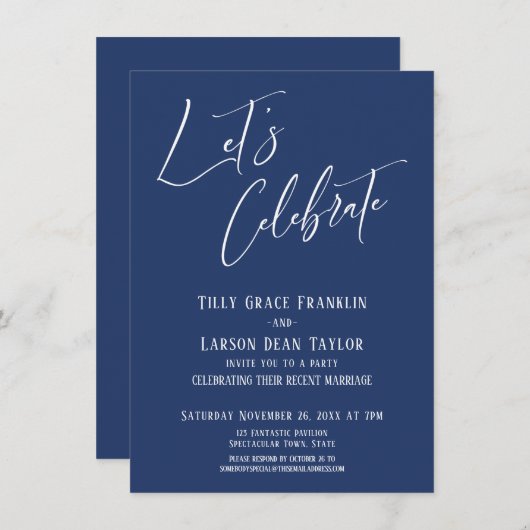 Laten we vieren Moderne Elegante Marineblauwe Huwe Kaart (Voorkant / Achterkant)