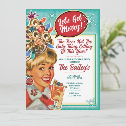Laten we vrolijk zijn - Retro Kerstfeest Uitnodigi Feestdagenkaart (Staand voorkant)
