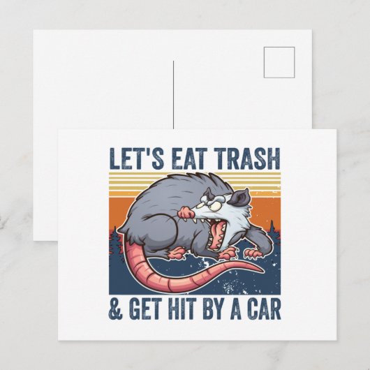 Laten we vuilnis eten en met een auto-opossum gaan briefkaart (Voorkant / Achterkant)