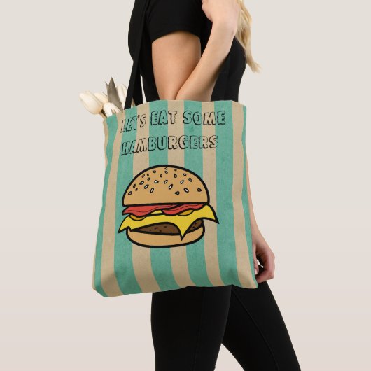 Laten we wat hamburgers eten Cool retro art Stripe Tote Bag (Dichtbij)