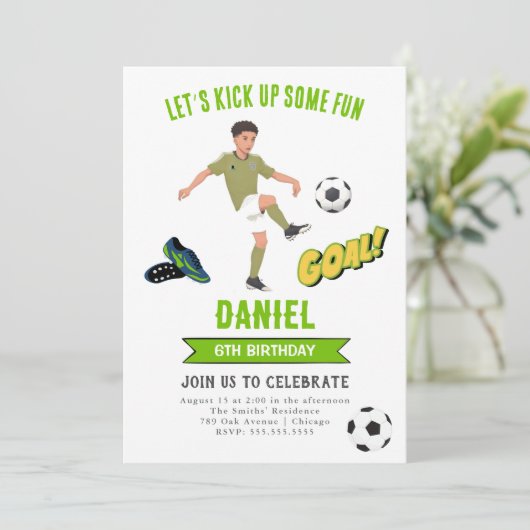 Laten we wat leuke Voetbal Verjaardag Uitnodiging (Staand voorkant)