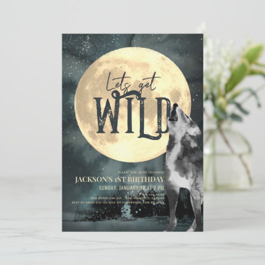 Laten we Wild Howling Wolf 1e Verjaardag uitnodigi Kaart (Staand voorkant)