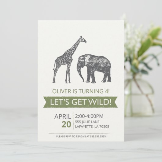 Laten we Wild Safari Birthday Party Invitation hal Kaart (Staand voorkant)