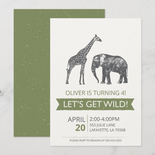 Laten we Wild Safari Birthday Party Invitation hal Kaart (Voorkant / Achterkant)