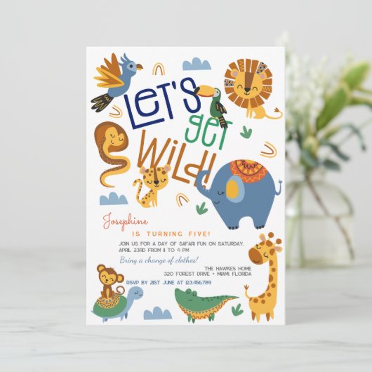 Laten we wilde safari dieren kinderen verjaardagsf kaart (Staand voorkant)