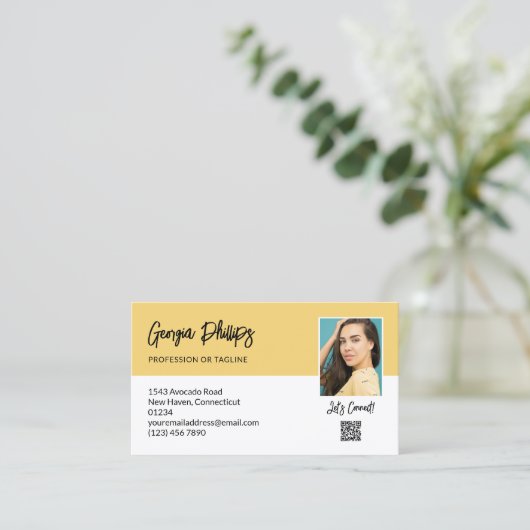 Laten we zachte gele QR-code foto aansluiten Visitekaartje (Staand voorkant)