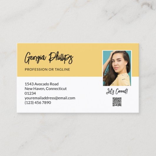 Laten we zachte gele QR-code foto aansluiten Visitekaartje (Voorkant)