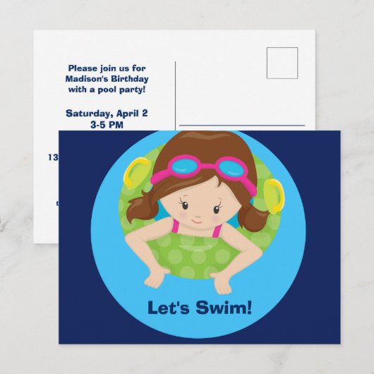 Laten we Zwemmen Meisjes Verjaardag Zwembad Feest  Briefkaart (Voorkant / Achterkant)