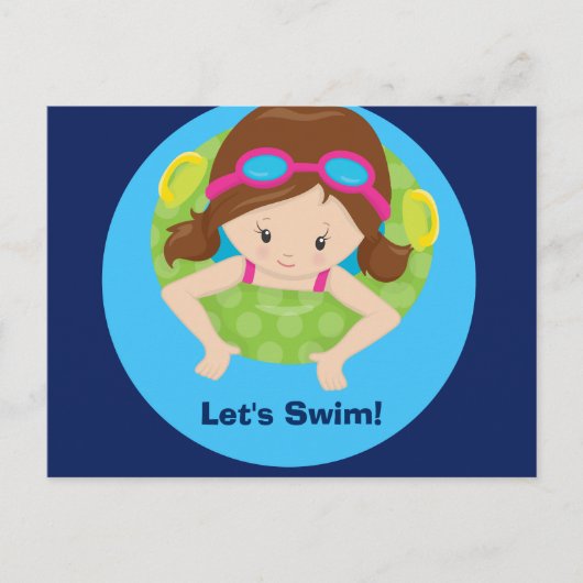Laten we Zwemmen Meisjes Verjaardag Zwembad Feest Briefkaart (Voorkant)
