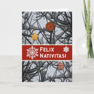 Latijnse kerstversiering op besneeuwde takken feestdagen kaart