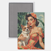 Latina Pin-Up Met Schattigee Hond Magneet (Voorkant / Achterkant)