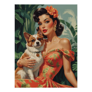Latina Pin-Up Met Schattigee Hond Perfect Poster