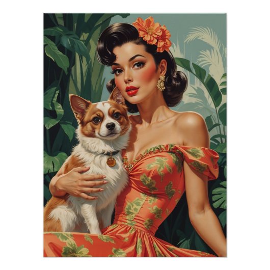 Latina Pin-Up Met Schattigee Hond Perfect Poster (Voorkant)