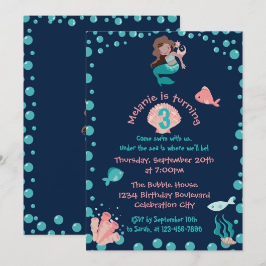 Latina zeemeermin met zeepaardje | 3e verjaardag kaart (Voorkant / Achterkant)