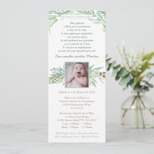 Latino Baptism First Birthday for Boy, Spaans Kaart (Staand voorkant)