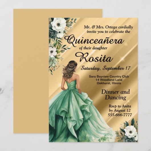 Latino Emerald Green Quinceanera uitnodiging (Voorkant / Achterkant)