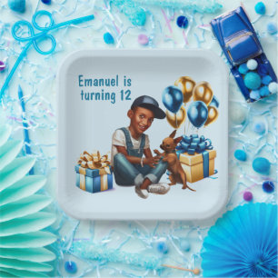 latino jongen met hond verjaardagsfeestje papieren bordje